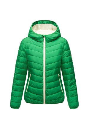 Green padded jacket with a hood, featuring horizontal quilted fabric, contrasting beige zipper, and two side pockets. Smooth texture.