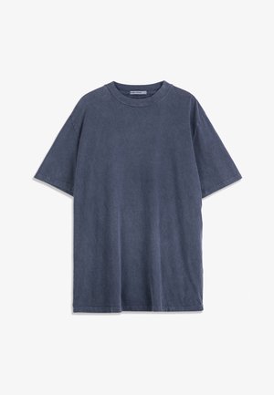 T-shirt en coton bleu marine uni, manches courtes, col rond, lavé, posé à plat sur un fond blanc.