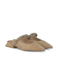 Beige suède muiltjes met spitse neuzen, versierd met een decoratieve strass band en een lage blokhak voor stabiliteit.