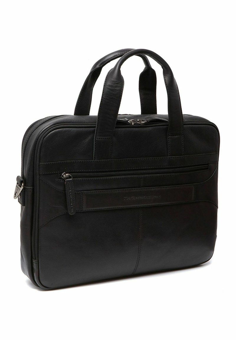 Schwarze Laptoptasche aus Leder mit doppelten Tragegriffen, Reißverschluss, Fronttasche und dekorativer Naht an der Seite. Glatte Textur und rechteckige Form.