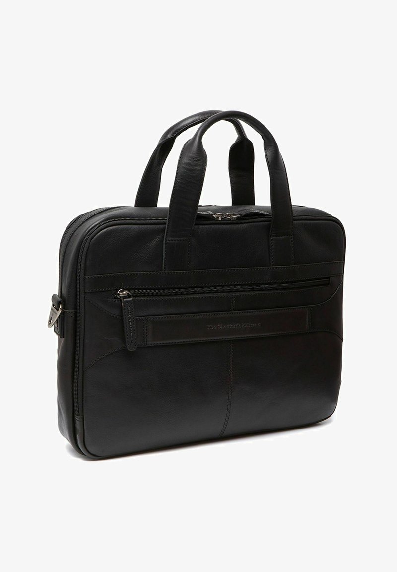 Schwarze Laptoptasche aus Leder mit doppelten Tragegriffen, Reißverschluss, Fronttasche und dekorativer Naht an der Seite. Glatte Textur und rechteckige Form.