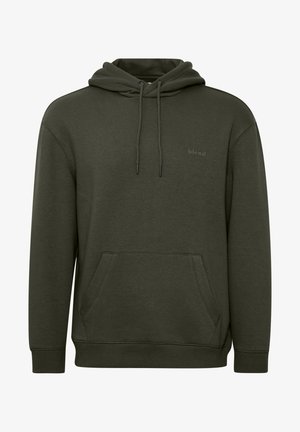 Dark green hoodie made of soft fabric with a front kangaroo pocket, drawstring hood, and a subtle "blend" logo on the chest.