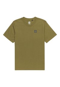 Olivgrünes Baumwoll-T-Shirt mit Rundhalsausschnitt, kurzen Ärmeln und einem kleinen navyfarbenen Logopatch auf der linken Brust. Weicher Stoff und klassischer Schnitt.