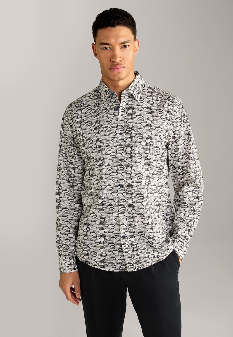 Hemd mit Knopfleiste im schwarz-weißen Wellenmuster, langen Ärmeln, kragenförmigem Ausschnitt und glattem Stoffgefühl.