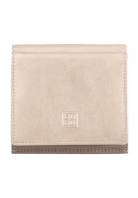 Textured beige leather wallet with a smooth finish, featuring a debossed logo and contrasting brown bottom edge. Compact rectangular shape.