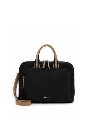 Schwarze rechteckige Laptoptasche mit hellbraunen Griffen, Frontreißverschlusstasche und abnehmbarem hellbraunem Schultergurt.