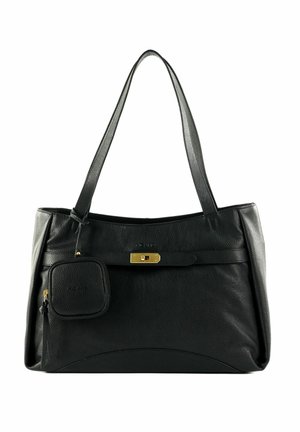 Sac cabas en cuir noir avec deux bandoulières, fermeture avant en métal doré et petite pochette carrée zippée attachée.