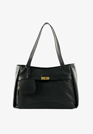 Sac cabas en cuir noir avec deux bandoulières, fermeture avant en métal doré et petite pochette carrée zippée attachée.