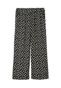 Pantalons noirs avec un pantalon élastique, ornés de pois blancs et jaunes. Conception ample avec des jambes larges et une texture de tissu lisse.