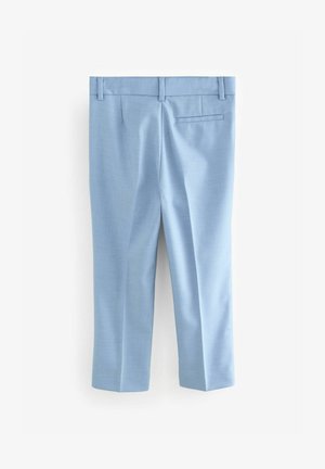 Svijetloplave hlače od glatkog materijala, dizajnirane s ravnim krojem i čistim linijama. Imaju stražnji džep i petlje za remen.