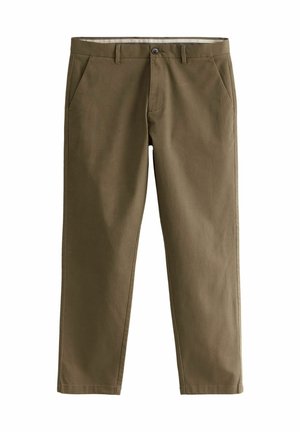 Pantalons vert olive en coton, avec deux poches avant et une fermeture à bouton, de coupe droite et avec une texture subtile.