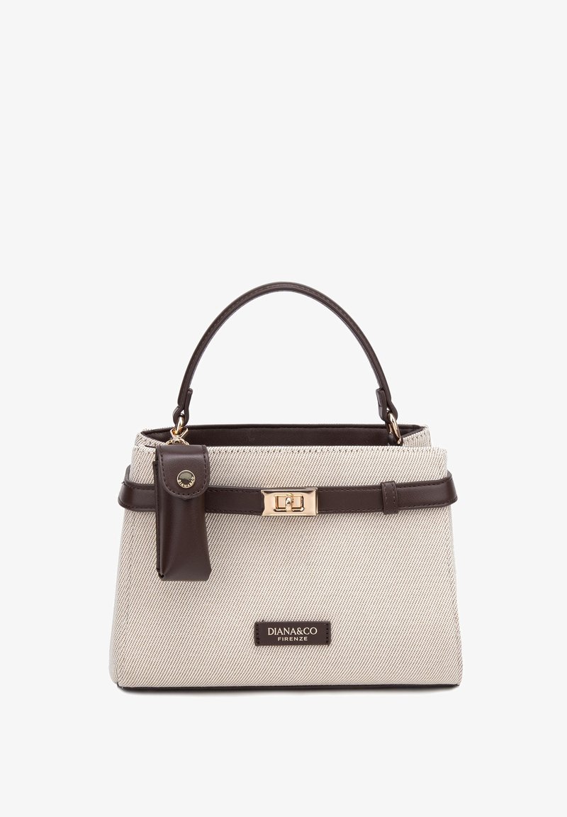 Borsa a mano beige testurizzata con manico, bordatura, chiusura e pochette attaccata in pelle marrone scuro, dotata di chiusura a girello dorata e logo Diana&Co Firenze.
