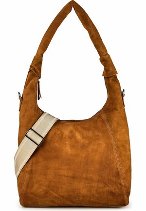Braune Wildleder-Umhängetasche mit breitem gepolstertem Träger und beigem verstellbarem Crossbody-Gurt, schlichtes Design und abgerundete obere Kanten.