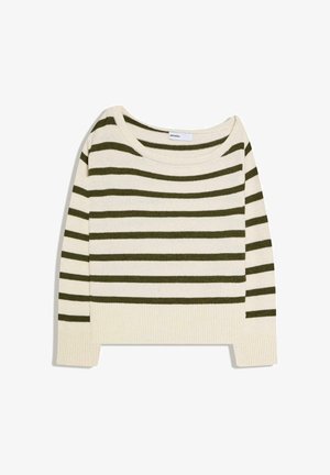 Pulover tricotat cu mâneci lungi, cu dungi crem și verde măsliniu, cu decolteu rotund larg și tiv și manșete striate.
