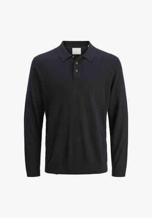 Polo a maniche lunghe blu navy realizzato in morbido tessuto, con colletto classico, patta con tre bottoni e fondo e polsini a coste.