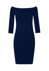 Abito fitted blu navy, scollato sulle spalle, con maniche a tre quarti. Texture liscia, lunghezza al ginocchio, senza motivi o accessori visibili.
