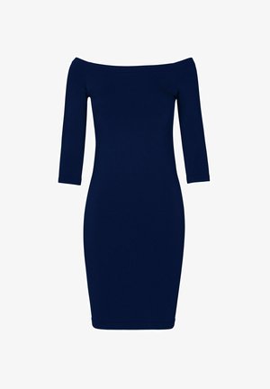 Mörkblå, avaxlad, åtsittande klänning med trekvartsärmar. Slät textur, knälång, inga synliga mönster eller detaljer.