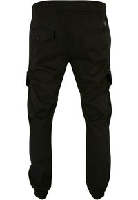 Pantaloni cargo neri con vita e polsini elasticizzati, dotati di tasche posteriori con bottone e tasche laterali con patta.