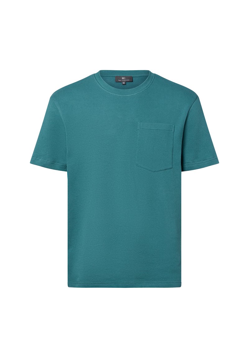Teal cotton short-sleeve t-shirt with a round neckline and a left chest pocket. Features a textured fabric with a regular fit.