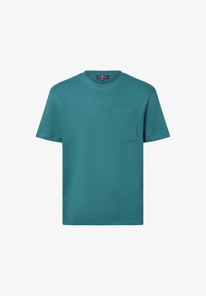 Teal Baumwoll-T-Shirt mit kurzen Ärmeln, Rundhalsausschnitt und einer Brusttasche auf der linken Seite. Es zeichnet sich durch einen strukturierten Stoff und einen regulären Schnitt aus.