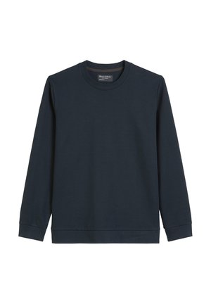Marineblaues langärmliges Sweatshirt aus weichem Baumwollstoff. Mit rundem Halsausschnitt und gerippten Bündchen und Saum, ohne sichtbare Logos oder Muster.