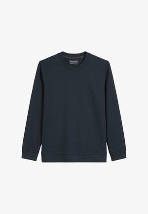 Marineblaues langärmliges Sweatshirt aus weichem Baumwollstoff. Mit rundem Halsausschnitt und gerippten Bündchen und Saum, ohne sichtbare Logos oder Muster.