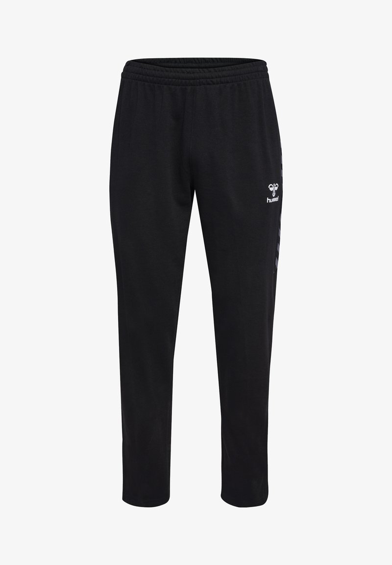 Czarne spodnie dresowe z elastycznym pasem, bocznymi paskami i małym logo na lewej udzie. Wykonane z miękkiego materiału dla komfortu.