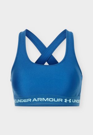 Blå sports-bh med krydsede stropper på ryggen og "Under Armour"-logo på elastikbåndet forneden.