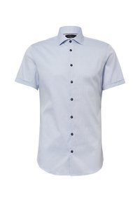Jasnoniebieska koszula krótki rękaw z teksturowanej tkaniny, z kołnierzykiem typu button-down i czarnymi guzikami z przodu do zapięcia.