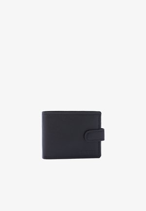 Zwarte leren portemonnee met een compact ontwerp, rechthoekige vorm en een knoopsluiting. Gladde textuur met subtiele stiksels.