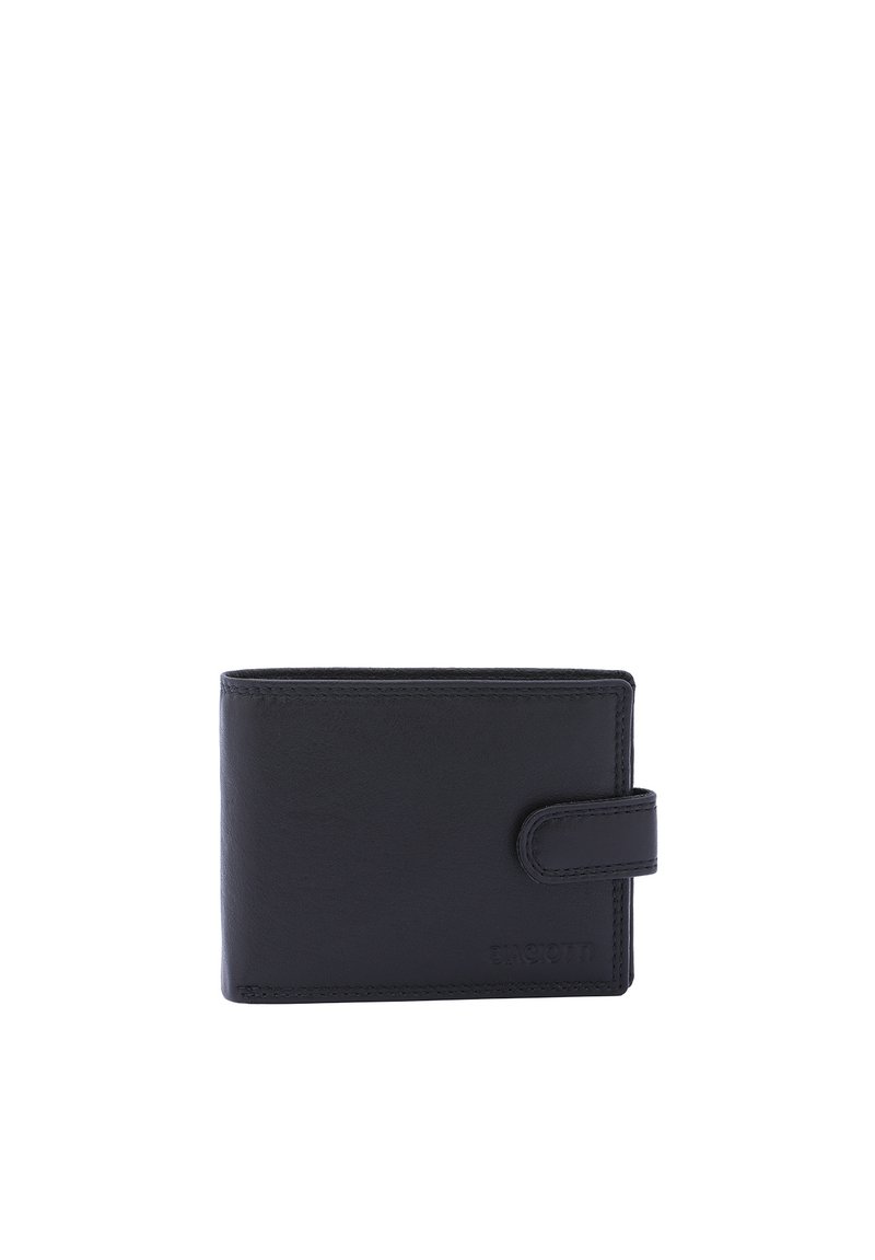 Zwarte leren portemonnee met een compact ontwerp, rechthoekige vorm en een knoopsluiting. Gladde textuur met subtiele stiksels.