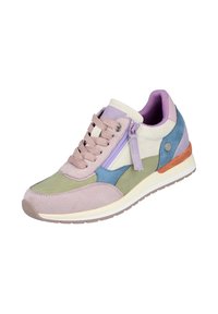Zapatillas multicolor con paneles de ante en tonos púrpura, verde y azul pastel, puntera redonda, cordones en la parte delantera y suela acolchada. Detalle de cremallera en el lado.