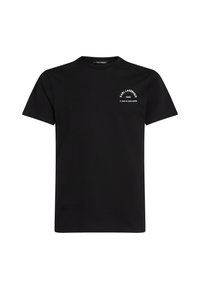 Melnas kokvilnas T-kreklis ar apaļu dekoltē un īsām piedurknēm. Ar baltu teksta logotipu uz augšējās kreisās krūšu daļas. Mīksta tekstūra.