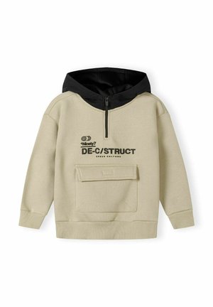 Felpa color beige chiaro con cappuccio nero, chiusura con zip, tasca frontale e testo stampato "DE-C/STRUCT URBAN CULTURE" sul petto.
