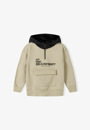 Sweatshirt bej deschis cu glugă neagră, închidere cu fermoar, buzunar frontal și text imprimat „DE-C/STRUCT URBAN CULTURE” pe piept.