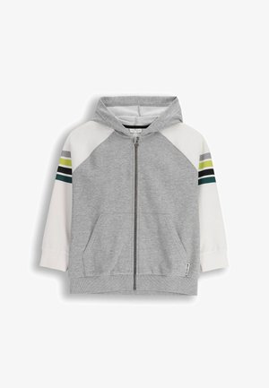 Szara bluza z kapturem na zamek błyskawiczny z białym karczkiem i paskami w kolorach zielonym, niebieskim i szarym na rękawach. Posiada dwie przednie kieszenie oraz kaptur.