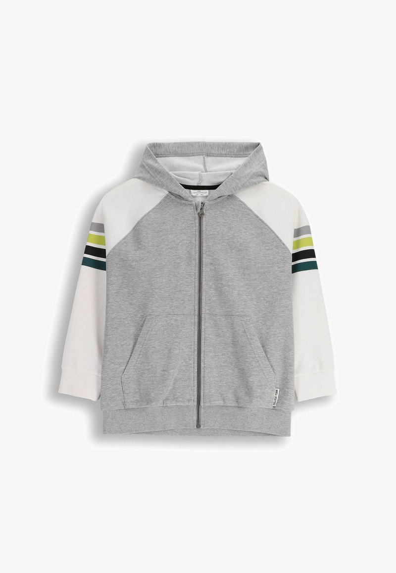 Szara bluza z kapturem na zamek błyskawiczny z białym karczkiem i paskami w kolorach zielonym, niebieskim i szarym na rękawach. Posiada dwie przednie kieszenie oraz kaptur.