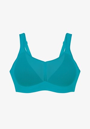 Teal rintaliivi, jossa on verkkomainen muotoilu, leveät säädettävät olkaimet ja sileä, saumatön etuosa. Kevyt materiaali, jossa on moderni leikkaus.