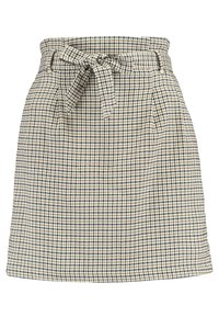 Una gonna a pieghe corta in beige, marrone e nero; presenta una vita con cintura, tasche laterali e una silhouette strutturata. Tessuto testurizzato.