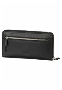 Black leather wallet with a zippered pocket, featuring a smooth texture and stitched accents. RFID protection logo embossed on the front.