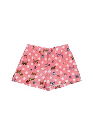 Pantalones cortos rosas con lunares blancos y dibujos multicolores de mariposas y mariquitas, mostrados planos sobre un fondo blanco.