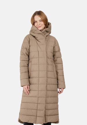 Long, beige puffer coat with a high collar and hidden zipper. Features stitched detailing and a straight silhouette.