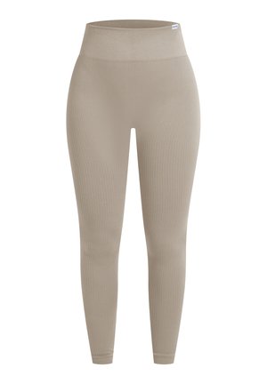 Beige Ripp-Leggings mit hoher Taille, die eine glatte Textur und eine enganliegende Passform aufweisen, geeignet für Freizeit- oder Sportbekleidung.