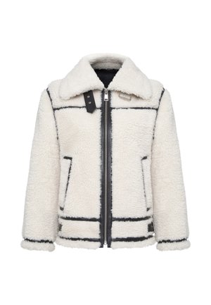 Witte shearlingjas met ritssluiting, zwarte biezen, brede kraag, twee zijzakken en zwarte leren accenten aan de kraag en manchetten.