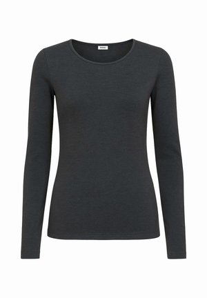 Top aderente a maniche lunghe in misto cotone grigio scuro. Presenta un collo rotondo e una texture liscia, senza motivi o accenti visibili.