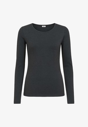 Top aderente a maniche lunghe in misto cotone grigio scuro. Presenta un collo rotondo e una texture liscia, senza motivi o accenti visibili.