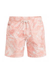 Costumi da bagno per uomo, rosa chiaro con stampa bianca a foglie, vita elasticizzata con coulisse e tasche laterali. Tessuto leggero con una texture morbida.