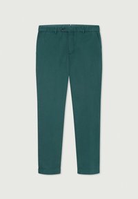Chinos slim en coton vert foncé. Comprend des poches latérales et arrière, des passants pour ceinture, et des ourlets retroussés. Texture douce, finition lisse.