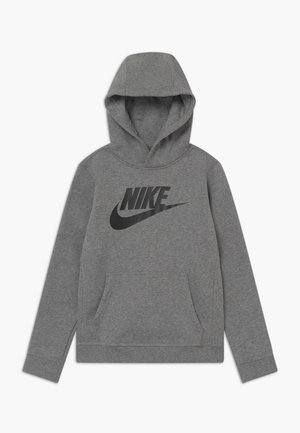 Harmaa hupullinen collegepaita, joka on valmistettu puuvillasekoitteesta. Siinä on etutasku, kiristysnauhalla varustettu huppu ja suuri musta Nike-logo rinnassa. Sileä pinta.