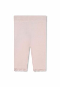 Leggings in cotone rosa con una vita a coste e dettagli con orlo ondulato. Texture liscia e design aderente, adatti per un abbigliamento casual.